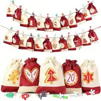Generisch Adventskalender aus Stoff zum Befüllen – Mit 24 Weihnachtsklammern (6 Farben x 4), Weihnachtsabziehbildern und Kordel – Ideal für weihnachtliche Geschenkverpackungen