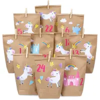 Papierdrachen DIY-Adventskalender-Set aus Kraftpapier – Einhorn-Aufkleber – 24 braune Papiertüten zum Selbstbefüllen und Basteln