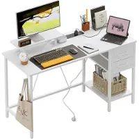 Dripio Schreibtisch mit Steckdosen, 2 Schubladen, Monitorständer, 120x50 cm, Weiß