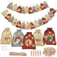 SURIGHT Adventskalender zum Befüllen - 24 Jutebeutel mit Verschlüssen - Lichterkette - Weihnachtskalender zum Befüllen