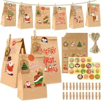OCreon Adventskalender zum Befüllen – 24 Papier-Adventskalenderbeutel mit Zahlenaufklebern – Geschenkbeutel für Weihnachten 2024