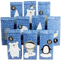 Papierdrachen DIY-Adventskalender zum Befüllen - Tieraufkleber im Polo-Stil - 24 blau bedruckte Papierbeutel und lustige Aufkleber