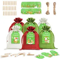 Generisch Adventskalender zum Befüllen – Weihnachtsdeko – 14 x 10 cm – Stoff-Adventskalender – DIY mit Zahlenklammern – Hanfseil