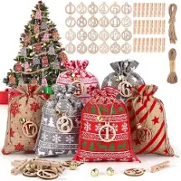 OCreon Adventskalender zum Selbstgestalten und Aufhängen – DIY-Adventskalender – Stoffbeutel mit Holzverschlüssen – Hanfseil