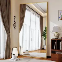Koonmi Ganzkörperspiegel 89 x 198 cm Gold Aluminiumrahmen mit Ständer zum Anlehnen oder Aufhängen Sicherheitsglas