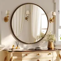 Koonmi Wandspiegel rund 80 cm PolyurethanPerlenrahmen Braun Retro Badspiegel zum Aufhängen oder Anlehnen Bronze 80x80 cm