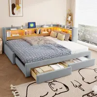 ALFORIGO Schlafsofa 90/180 x 200 cm, ausziehbar mit LED – Tagesbett mit Aufbewahrungsschubladen, offenen Fächern und Euro-Steckdose als Bettgestell