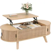 Moonbite Hub-Couchtisch oval 110 × 50 cm, Wohnzimmertisch mit verstellbarer Platte, Stauraumfach und Schiebetüren, MDF-Platte, Natur