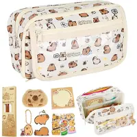 Trankielo – Großer Stiftekontainer mit Kapybara-Motiv – Beige, 9-teilig – Enthält 4 Stifte und 20 Aufkleber