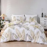 Jemiipee Bettwäsche-Set Tropische Palmblätter Muster 220x240 cm 80x80 cm Weiß Gold Mikrofaser 2-teilig