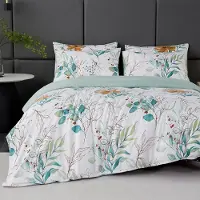 Jemiipee Bettwäsche-Set mit Eukalyptus-Blatt-Muster, 1x Bettbezug 200x220 cm, 2x Kissenbezug 80x80 cm, Mikrofaser, Weiß Grün