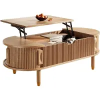 Moonbite Couchtisch mit Hubtischplatte und Stauraum, Wohnzimmertisch 110 cm Riffel-Schiebetüren, Gummibaumholz-Füße, MDF-Platte, Natur