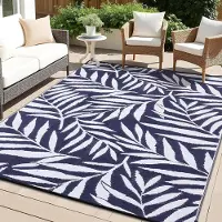 Smiry Outdoor Teppich Blätter Muster Wetterfest 270x360cm Marine Blau & Weiß