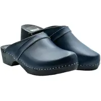 Bresco Damen-Holzclogs aus dunkelblauem Echtleder mit Riemen – Bequeme Holzpantoletten mit niedrigem Absatz 37