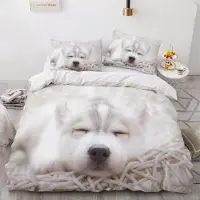 YASMENG Bettwäsche 200x220 cm Hunde Muster Husky Weiß 3D Mikrofaser 3-teilig mit Reißverschluss