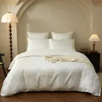 YASMENG Satin Bettwäsche 135x200 4-teilig Weiß Creme Schmetterling Jacquard 2x 135x200cm + 2x 80x80cm