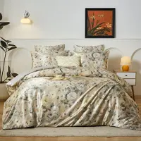 YASMENG Satin Bettwäsche 200x220 cm Beige Blumen 3-teilig mit Reißverschluss und 2 Kissenbezügen 80x80 cm