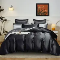 YASMENG Satin Bettwäsche 220x240 cm Schwarz Dunkelgrau Wendebettwäsche 3-teilig mit Reißverschluss
