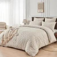 YASMENG Bettwäsche Set 200x220 cm Beige Getuftet Geometrisch Kariert Mikrofaser 3-teilig mit Reißverschluss