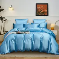 YASMENG Satin Bettwäsche 155x220 cm Hellblau Uni 3-teilig mit Reißverschluss 2x 80x80 cm Kissenbezüge