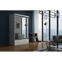 Krudox MAR Kleiderschrank Weiss 150x216x62 cm Schiebetürenschrank mit Spiegel Grau Lacobel 2 Schubladen Kleiderstange Schlafzimmer