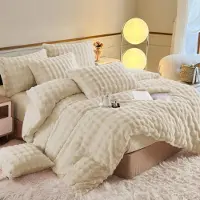 YASMENG Plüsch Bettwäsche 155x220 cm Beige 3-teilig mit 2 Kissenbezügen 80x80 cm Kaninchenfellimitat Winter Warm Flauschig