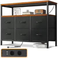 ODK Kommode mit 6 Stoffschubladen, 2 Steckdosen, 2 USB, Vintage, 100x30x85.2cm