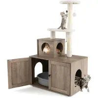 GYMAX Kratzbaum 132 cm mit Katzentoilette und Katzenhaus Grau