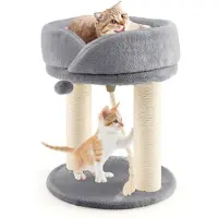 GYMAX Kratzbaum 50,5 cm hoch mit Katzenhaus & Hängender Kugel, Sisal-Säule, verstärkte Grundplatte, Grau