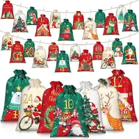 Merkloos Adventskalender zum Befüllen Adventssäckchen Stoff - 24 Stück - Weihnachtsmotive und Zahlen 1-24 - Für Kinder und Erwachsene
