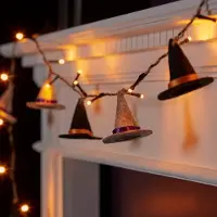 SURIGHT Lichterkette mit 20 LEDs – Hexenhut-Design aus Filz – Halloween- und Herbstdekoration – Batteriebetrieben und mit Timer