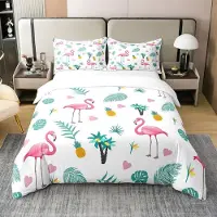 Loussiesd Bettwäsche-Set Tropisch Flamingo Blätter 135x200cm 100% Baumwolle mit 1 Kissenbezug 80x80cm Mehrfarbig Reißverschluss