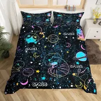 Loussiesd Bettwäsche Set 220x240cm mit Katzen & Weltraum Motiv Mikrofaser 2 Kissenbezüge Mehrfarbig
