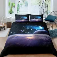 Loussiesd Bettwäsche Set 3-teilig 200x200cm + 2x 80x80cm Microfaser 3D Galaxy Sterne Motiv