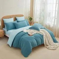 YASMENG Bettwäsche-Set 220x240 cm Petrol Blau 3-teilig 100% Baumwolle Muslin mit Reißverschluss