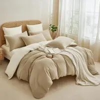 YASMENG Bettwäsche-Set 200x200 cm Khaki Hellbeige 100% Baumwolle Muslin 3-teilig mit Reißverschluss