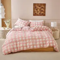 YASMENG Seersucker Bettwäsche 155x220 cm Rosa Weiß Kariert 3-teilig Mikrofaser mit Reißverschluss