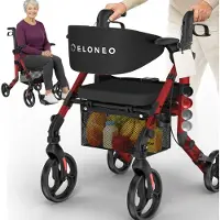Aktiv shop GmbH ELONEO 2in1 Rollstuhl Rollator faltbar und leicht mit Sitz, Outdoor Rollator Rollstuhl faltbar, Aluminium Gehhilfe für Senioren - Rot