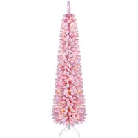 Costway Weihnachtsbaum künstlich 180cm mit Schnee, Bleistift Tannenbaum mit 140 warmweißen LEDs, 8 Lichtmodi, 392 Spitzen & Ständer, Christbaum schmal