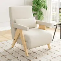 Markenlos 3-in-1-Umbausessel mit Schlaffunktion – Klappsessel aus Leinen mit 6-fach verstellbarer Rückenlehne (80–180°), Kissen und stabilen Walnussholzbeinen für Wohnzimmer und Büro (Beige)