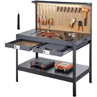 Vevor Werkbank mit Lochwand, 110kg Belastbarer Arbeitstisch inkl. 2 Ablagefächer 2 Schubladen LED-Beleuchtung & Integrierter Steckdosenleiste mit USB, Multifunktionstisch mit Werkzeugwand für Heimwerk