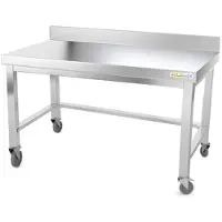 GOLDINOX Arbeitstisch aus Edelstahl, Unterbau 1600 x 500 mm, mit Rückenlehne und Verstärkung, auf Rollen, PREMIUM -
