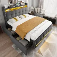 ALFORIGO Polsterbett 160x200 cm mit LED-Beleuchtung, USB-Steckdose, Kopfteil mit Ablagen und Stauraum, 4 Schubladen, Leinenstoff Grau