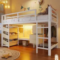 Ulife 90 x 200 cm, Halbhohes Bett, mit Sitzkissen, Stoff-Stauraumschublade, Stoff-Stauraumtasche, mehrfarbiger LED-Beleuchtung, Kleiderhakenbereich