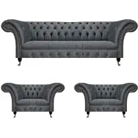 AEA Graue Garnitur Chesterfield Sitzmöbel Designer Couch 2x Polstersessel