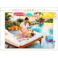 CALVENDO Puzzle: Französische Bulldogge am Pool, Massage – Sommerliche Szene mit Palmen | 1000 Teile, fertige Größe: 64 x 48 cm | Fotopuzzle für entspannte Stunden