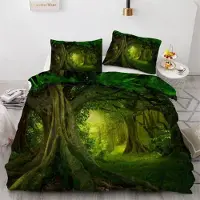 Sonstiges Bettwäsche-Set Wald 135x200 cm 4-teilig Mikrofaser Wendebettwäsche mit Reißverschluss 3D Motiv 2 Kissenbezüge 80x80 cm