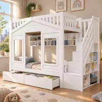 ALFORIGO Etagenbett 90 x 200 cm aus Kiefer/MDF mit Stauraumtreppe – Kinderbett mit offenen Seitenfächern und Fenster, Hausbett in der Farbausführung Weiß