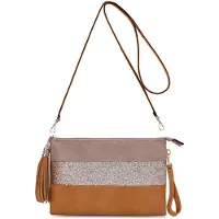 Unyqoos Damen Crossbody- & Clutch-Tasche mit Pailletten, gestreiftes Kunstleder, abnehmbarer Schulterriemen & Handgelenkriemen, Reißverschluss, 29×18×4 cm, Kamelbraun