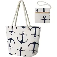 Unyqoos Canvas Strandtasche, große wasserdichte Shopper für Damen mit Reißverschluss, Innentasche & Reißverschluss-Portemonnaie, weiche Taugriffe, Anker-Logo